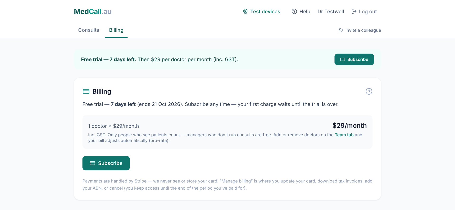 The Billing tab showing the trial and the Subscribe button