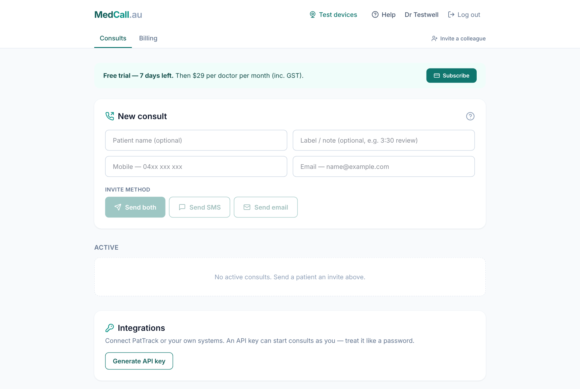 The Consults tab with the free trial banner and the New consult form