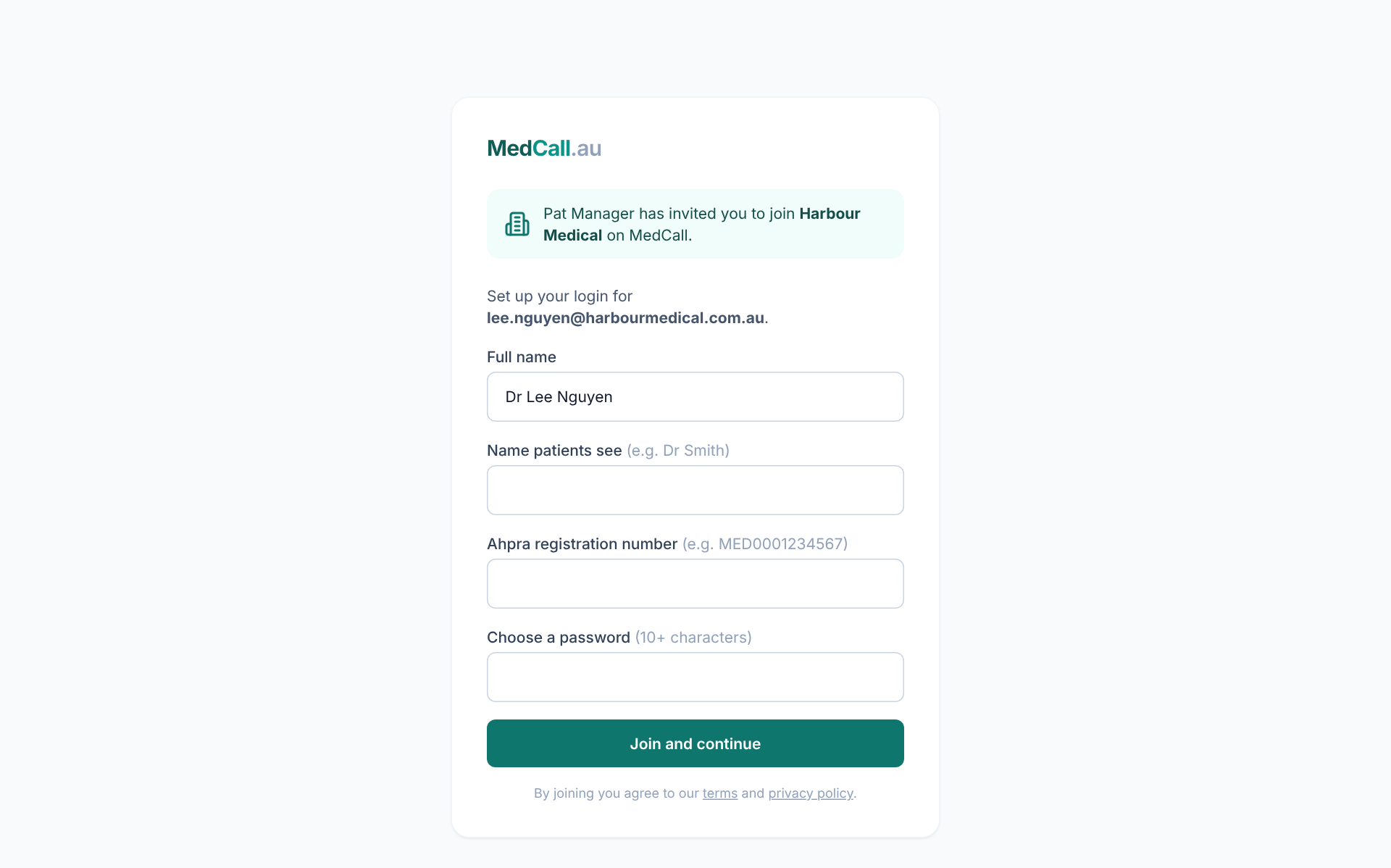 The page a new doctor sees when they open their invite