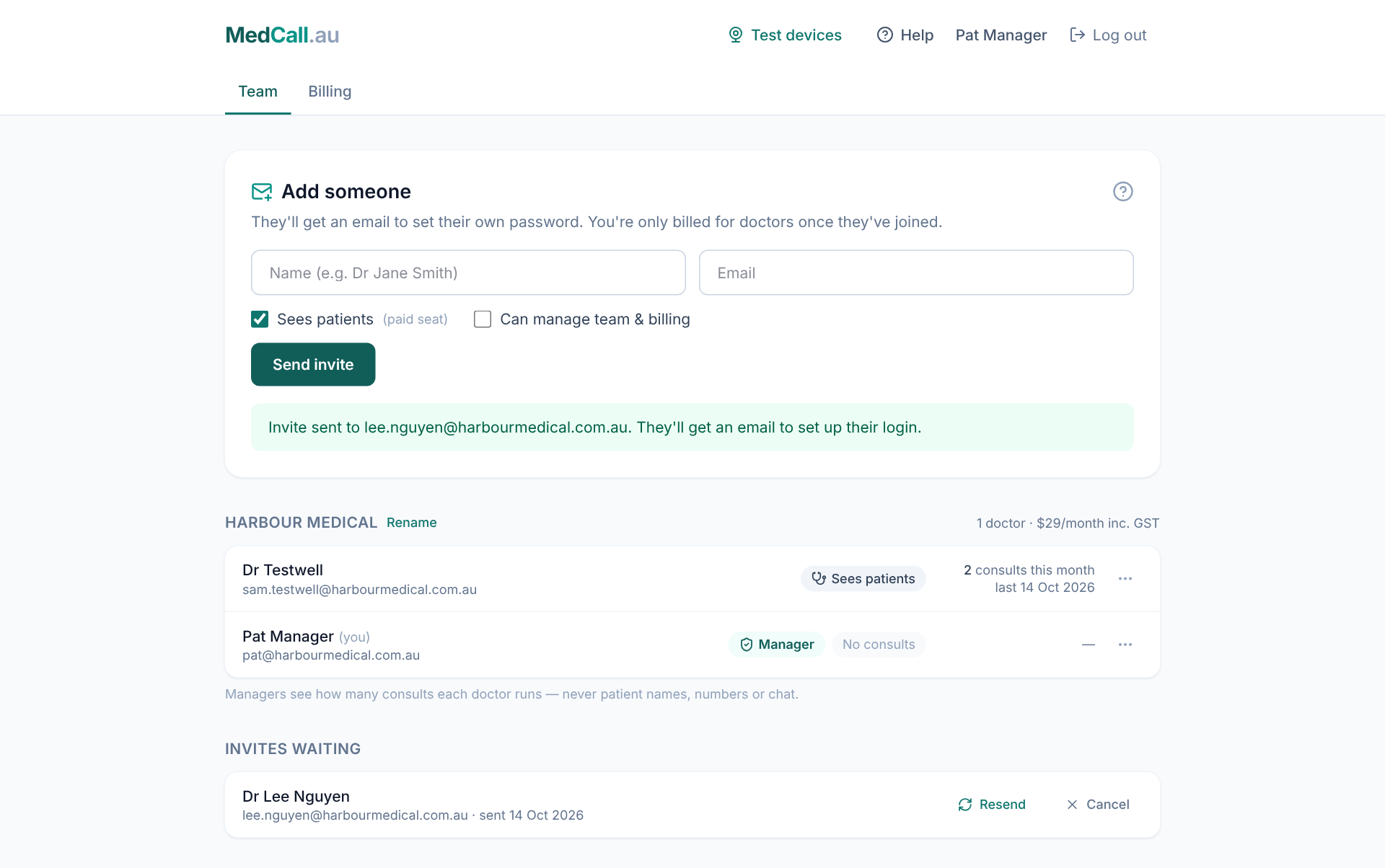 A sent invite waiting under Invites waiting on the Team tab