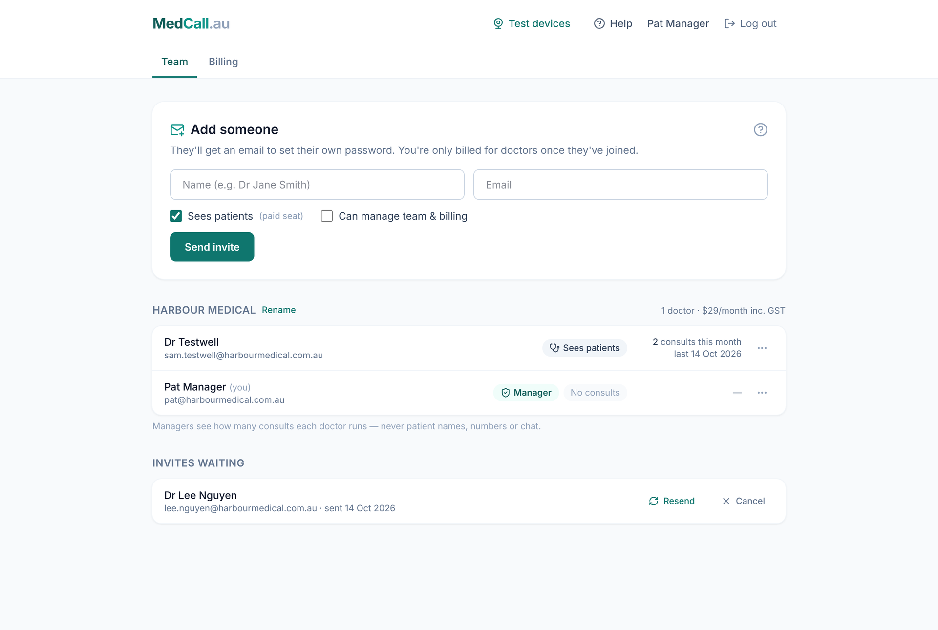 The Team tab showing a doctor and a manager, with consult counts but no patient details