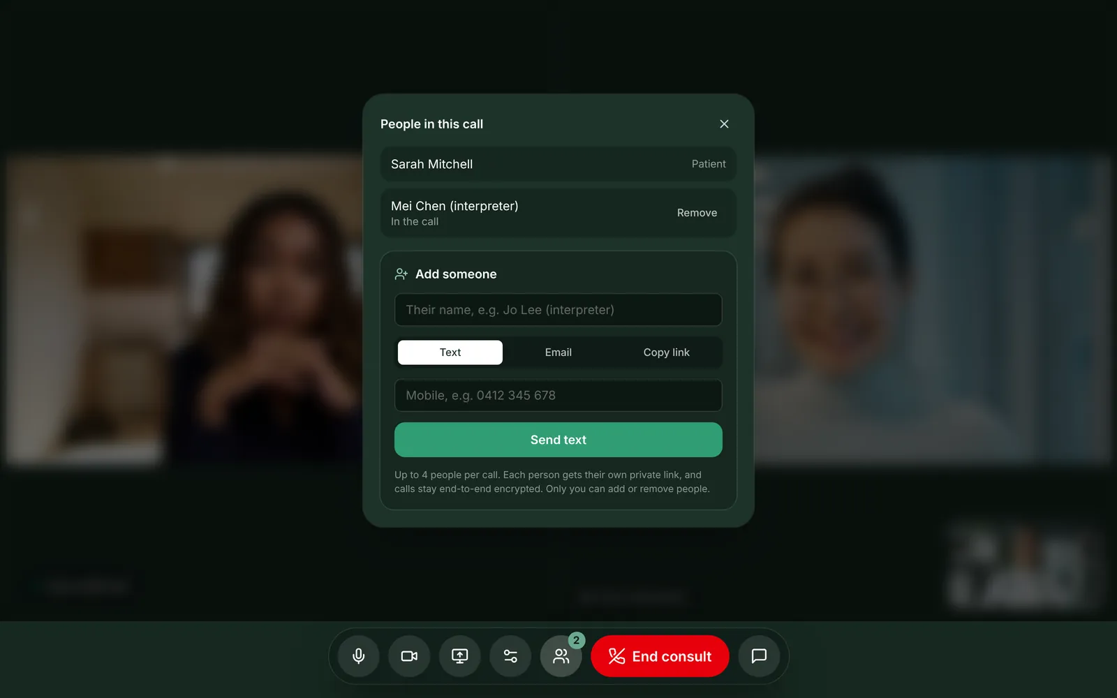 The People panel in a consult, listing the patient and an interpreter, with a form to add someone by text, email or link