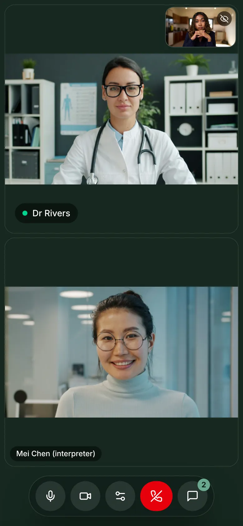 On a phone: a three-person consult, with the doctor and an interpreter stacked
