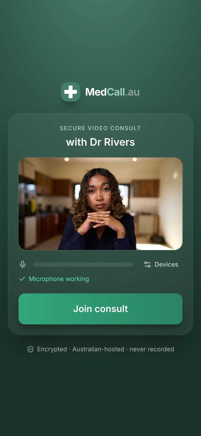 On a phone: the patient's camera preview with a microphone check and a Join consult button